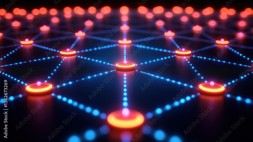 Poster abstract network connection: neon nodes and glowing lines