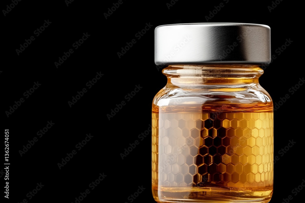 Poster Honey contained in a glass jar showcasing a hexagonal pattern illuminated against a black background