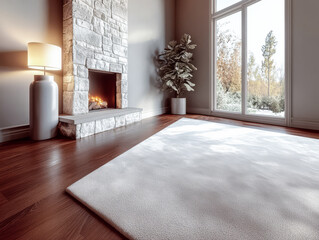 Cozy living room with stone fireplace and bright natural light in serene setting