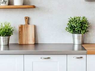 Fototapeta premium Clean Metal Worktop With Green Plants and Wooden Accents