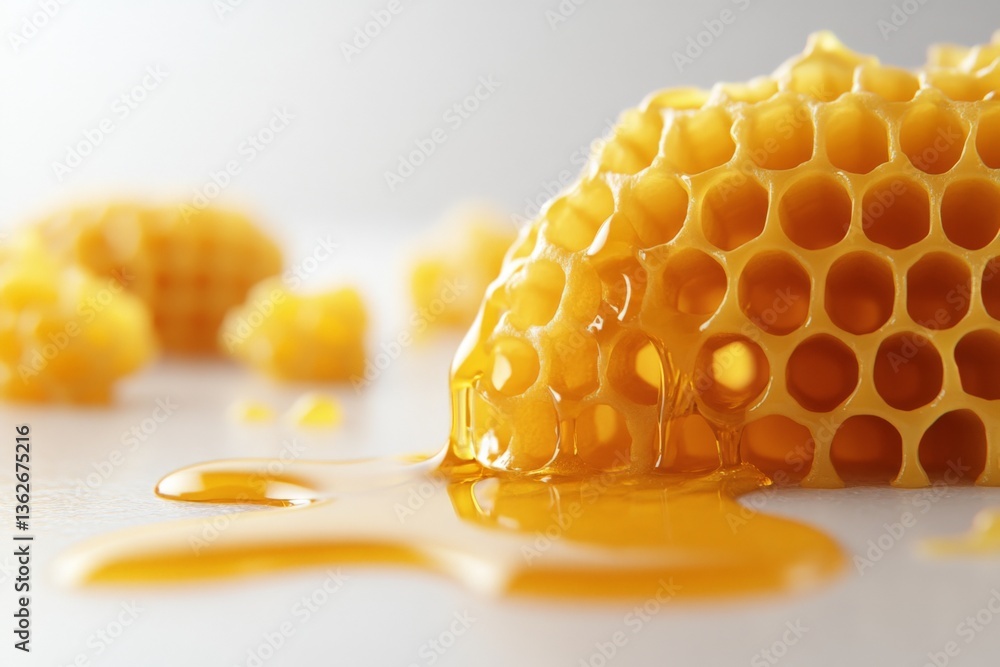 Poster honeycomb dripping with golden honey on a smooth surface