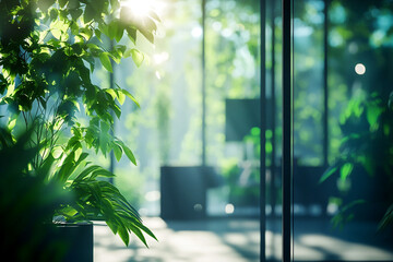 Naklejka premium Indoor plants near glass windows with sunlight shining through creating a bright and airy atmosphere