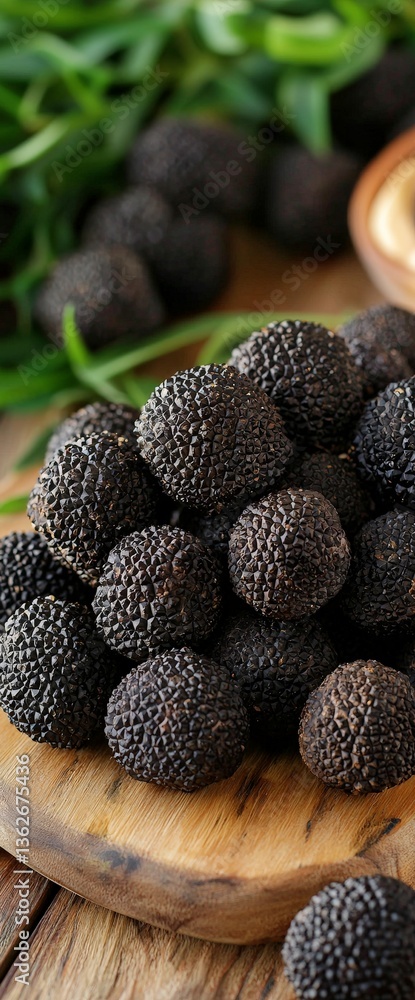 Poster flatlay of multiple truffles aligned vertically on rustic surface captured in natural tone with soft