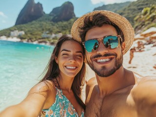 Obraz premium Joyful couple captures selfie during summer vacation in tropical paradise