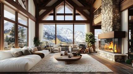 Elegant chalet interior with breathtaking mountain view and cozy fireplace