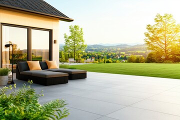 Elegant Minimalist Outdoor Furniture Setup with Scenic Landscape View