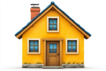 Bright yellow house with blue roof and brick chimney set against a clear sky
