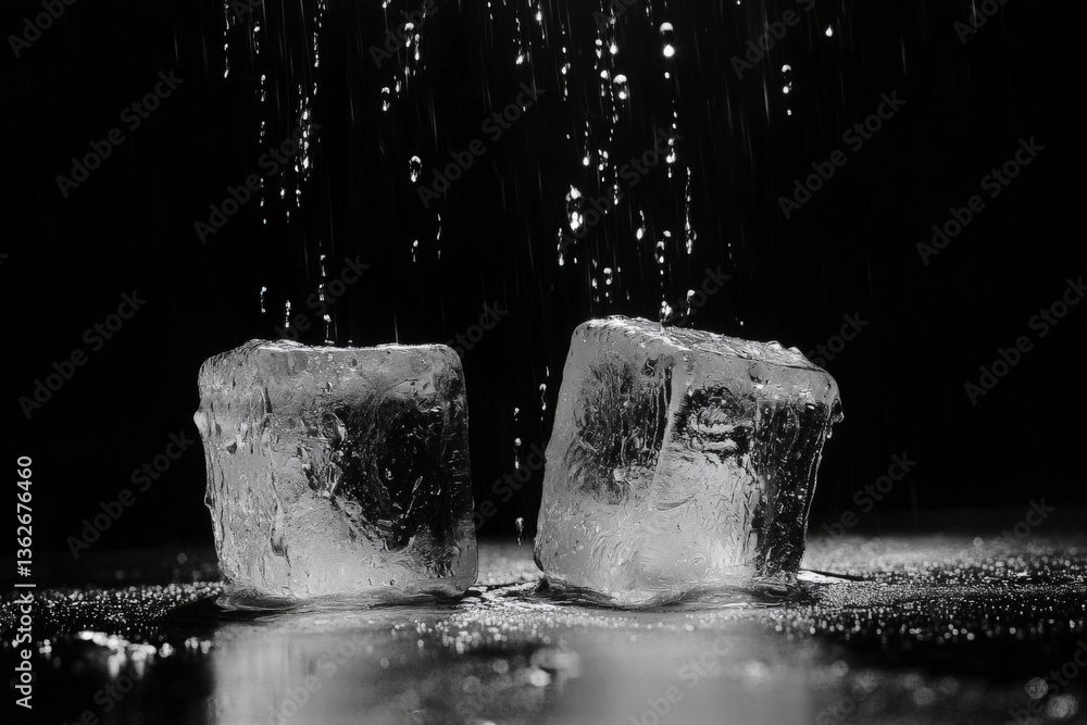 Poster Water drips onto ice cubes creating a dynamic contrast in a dark setting with dramatic lighting