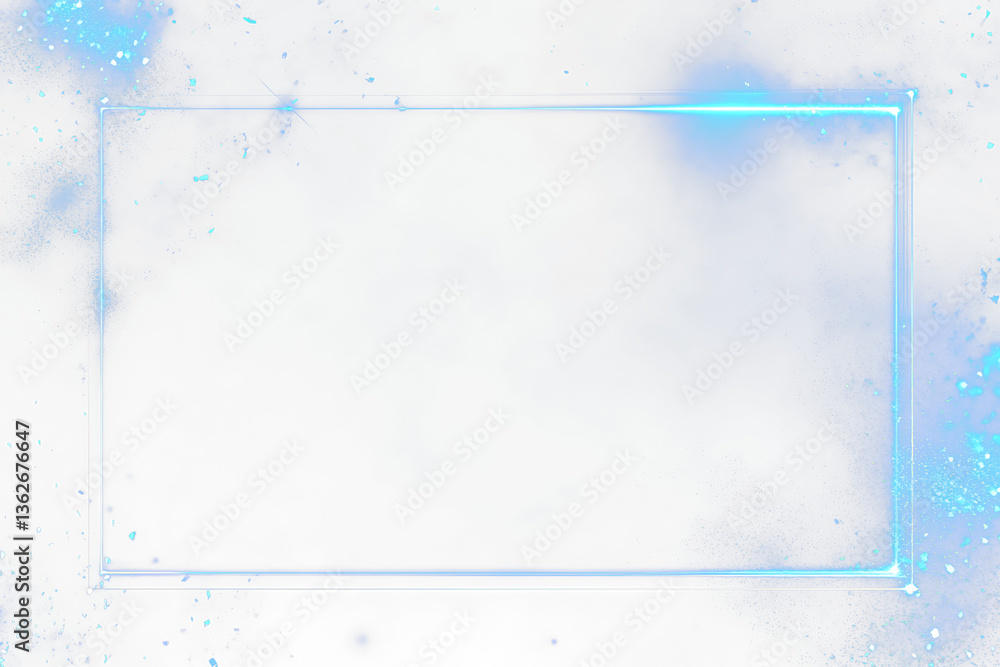 Poster Glowing blue neon frame on dark background with sparkles.