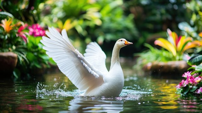 A white goose flapping its wings energetically in the middle of a tranquil pond, surrounded by vibrant spring flowers and lush green plants