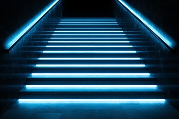 Obraz premium Illuminated staircase leads into darkness with blue neon lighting at a modern venue