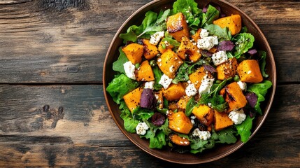 A cozy autumn salad with warm roasted pumpkin, feta crumbles, and fresh herbs, drizzled with dressing, placed on a wooden table, copy space