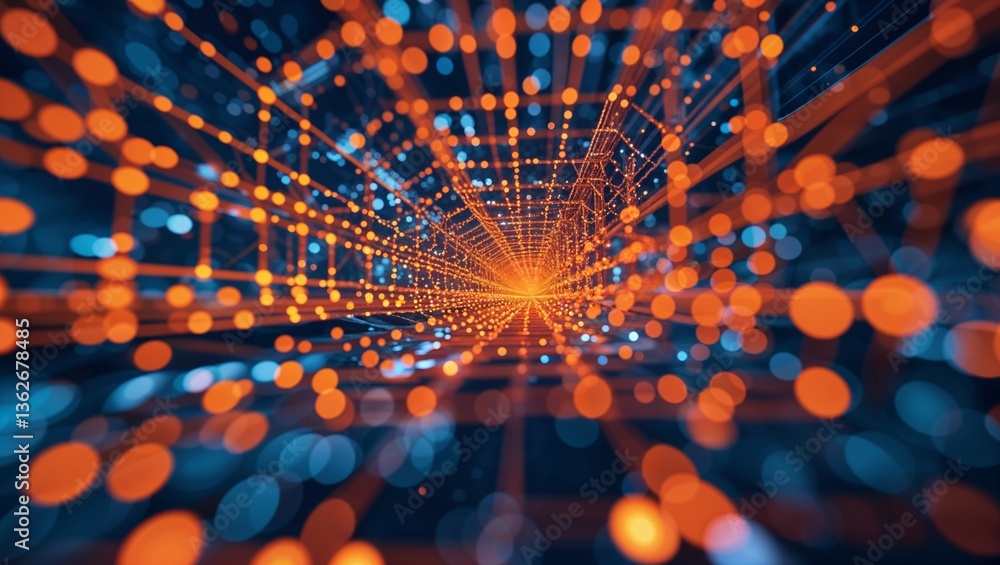 Fototapete Vibrant visual of abstract data flow with blue and orange light dots in a futuristic tunnel