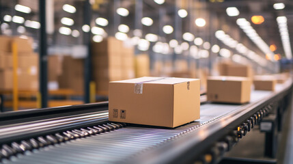 Cardboard boxes moving on a conveyor belt in a warehouse for shipping and distribution process