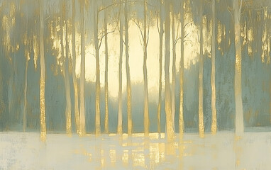 Fototapeta premium Abstract Forest Painting with Golden Light, Trees, and Reflections on Canvas