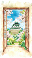 watercolor painting of Osaka Castle viewed through open doors, surrounded by cherry blossoms