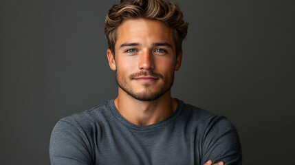 Obraz premium Portrait of a confident young man with light brown hair and blue eyes, gray t-shirt