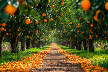 Rows of orange trees laden with ripe oranges, creating a vibrant and fruitful path, showcasing abundance and prosperity in agriculture