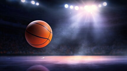 A floating basketball with deep textures, illuminated by a dramatic spotlight against a dark sports arena backdrop, EPS  vector