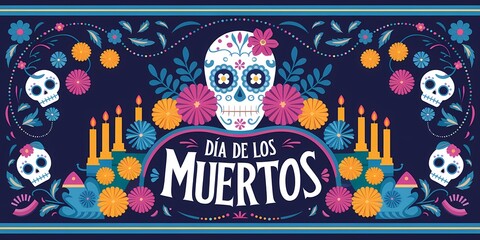 Festive Dia de los Muertos typography banner featuring an ornate sugar skull illustration surrounded by vibrant marigold flowers candles Mexican decorations, set against a dark contrasting background