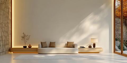 Modern minimalist living room design featuring natural light and neutral tones