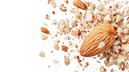 Close-Up of a Whole Almond Surrounded by Almond Shells Isolated on White Background – Natural Nut Composition