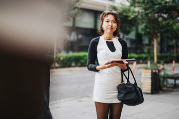 A confident Asian businesswoman stands outdoors, holding a tablet and a bag, surrounded by the urban environment. She is ready for a business meeting or brainstorming session in a city setting.