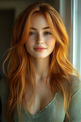 Portrait of a young woman with vibrant red hair and a natural, warm expression near a window