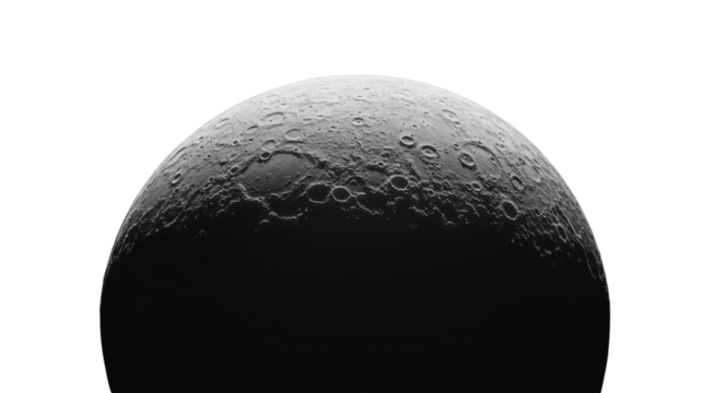 Close-Up View of the Crescent Moon with Detailed Surface Texture, Isolated on a White Background