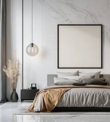 Modern bedroom interior with gray bedding, marble wall, pendant light, and blank frame.
