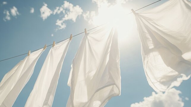 Close-up of white clothes hung on a washing line, billowing in the wind against a clear, sunny sky with a natural, peaceful ambiance