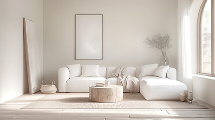 Minimalist Living Room with White Walls, Oversized Beige Sofa, Round Coffee Table, Soft Throw Pillows, Wooden Sideboard, Decorative Items, Textured Rug, and Large Abstract Painting