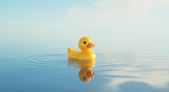 Pato de borracha vibrante flutuando em uma superf&iacute;cie de &aacute;gua calma com reflexo e ondula&ccedil;&otilde;es suaves, perfeito para ilustrar a alegria da inf&acirc;ncia, divers&atilde;o na hora do banho e aventuras aqu&aacute;ticas 