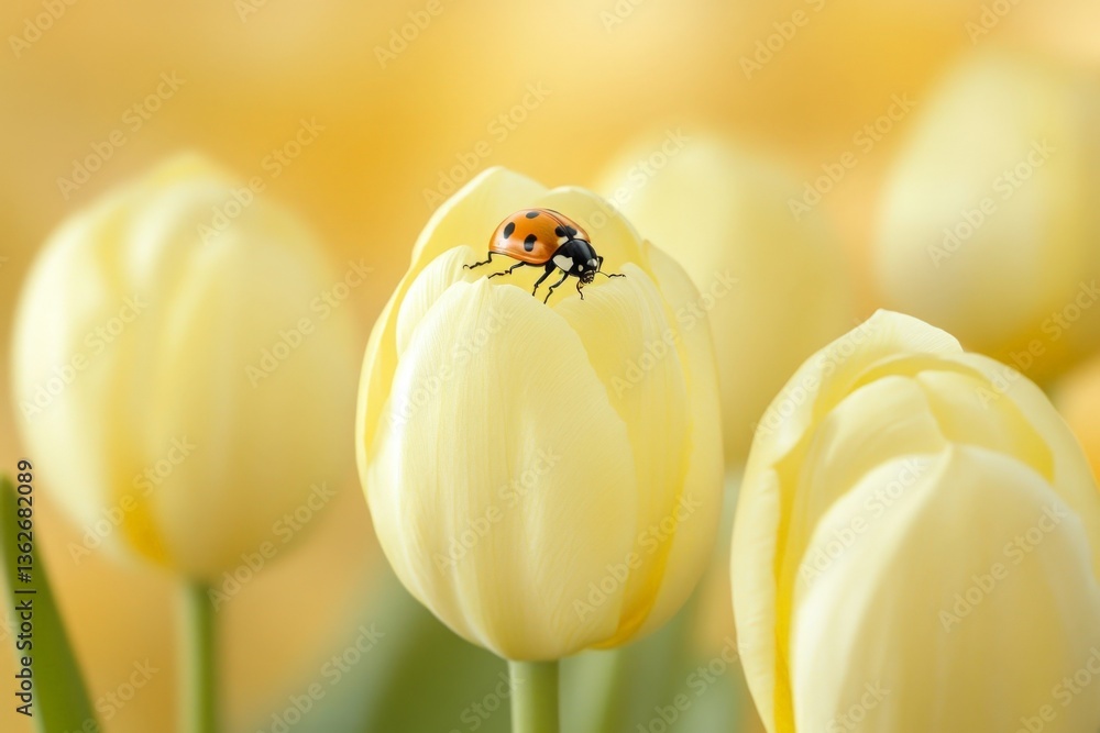 Poster close-up of a ladybug resting on a yellow tulip in a vibrant spring garden filled with blooming flow