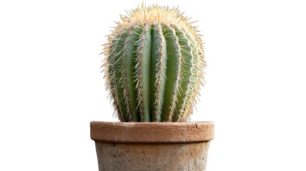 Golden Barrel Cactus: A detailed studio shot of a solitary golden barrel cactus, its round, spiky form showcased in a rustic pot, offering a stark contrast and a touch of desert charm.