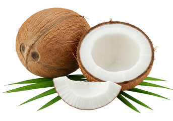 A whole coconut with rough brown fibrous shell, a halved coconut with palm leaves isolated on transparent background