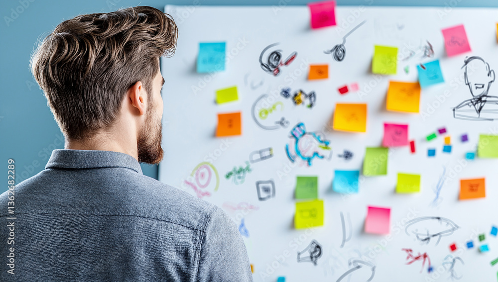 Poster young man in casual outfit is standing in front of whiteboard filled with colorful sticky notes and 