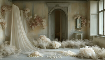 Opulent room with floral installations, draped cloth, and vintage decor