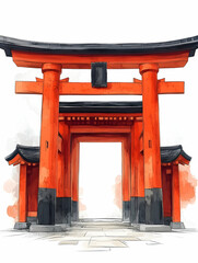 Orange and black Japanese Torii gate illustration with stone path entrance on white background
