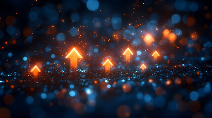 Orange arrows pointing upwards amidst bokeh lights, signaling positive growth or movement
