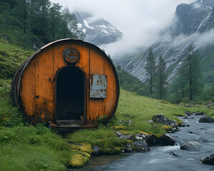 Orange barrel hut amidst mountains, stream, and fog