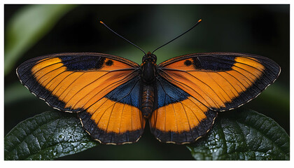 Orange, black, and blue butterfly resting on a green leaf