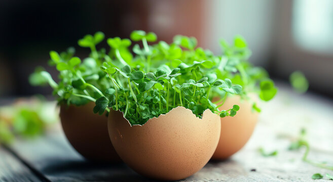 Cultivo de agri&atilde;o em casca de ovo: uma ideia criativa de jardinagem para uma vida dom&eacute;stica sustent&aacute;vel e decora&ccedil;&atilde;o ecol&oacute;gica, exibindo vegetais frescos em um ambiente natural e caprichoso