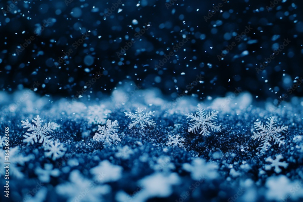 Aufkleber snowflakes gently falling on a dark surface under cold winter conditions in a serene atmosphere