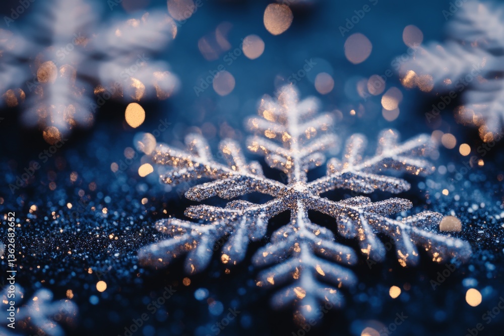 Aufkleber delicate snowflakes rest on a dark background with shimmering lights in the winter season