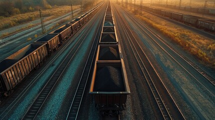 Fototapeta premium Aerial drone shot of black coal inside freight railway cars, lined up at a transport hub, tracks stretching into the distance.