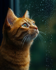 Orange cat stares up at water droplets on window