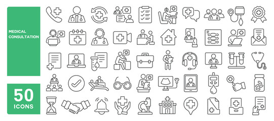 Set of 50 line icons related to medical consultation, online doctor, digital healthcare, prescription, checkup appointment, clinic booking, telemedicine, Editable stroke. Vector illustration