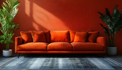 Orange couch with pillows Sunlight casting shadow on red wall Plants
