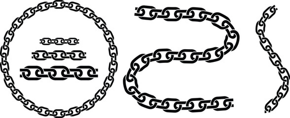 Texture chain round frame. Circle border chains silhouette black and white isolated on background. Chainlet design element